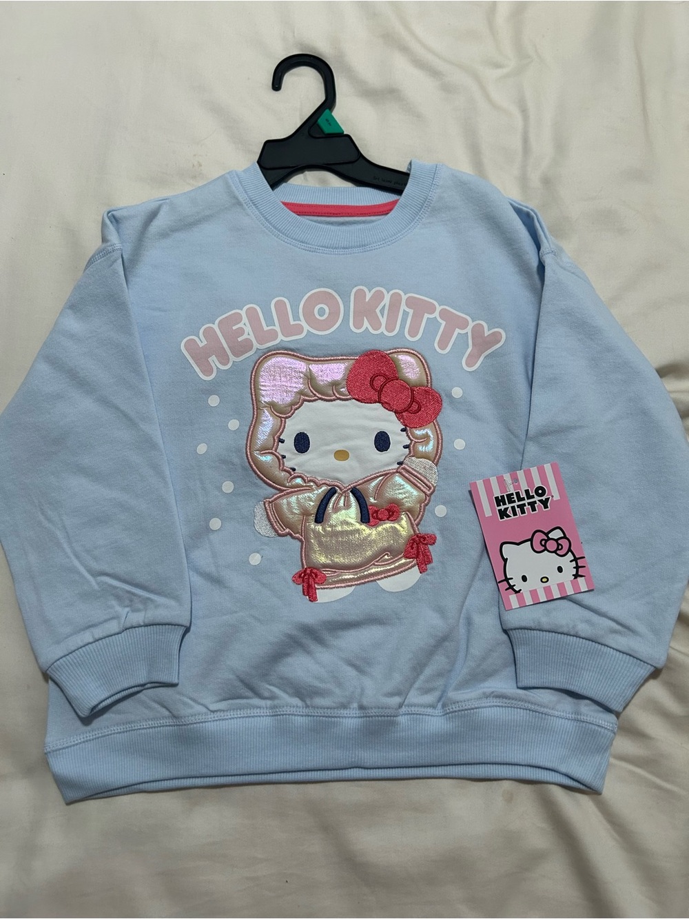 NWT Hello Kitty Light Blue Sweatshirt with Bright Pink Bow Detail size 5